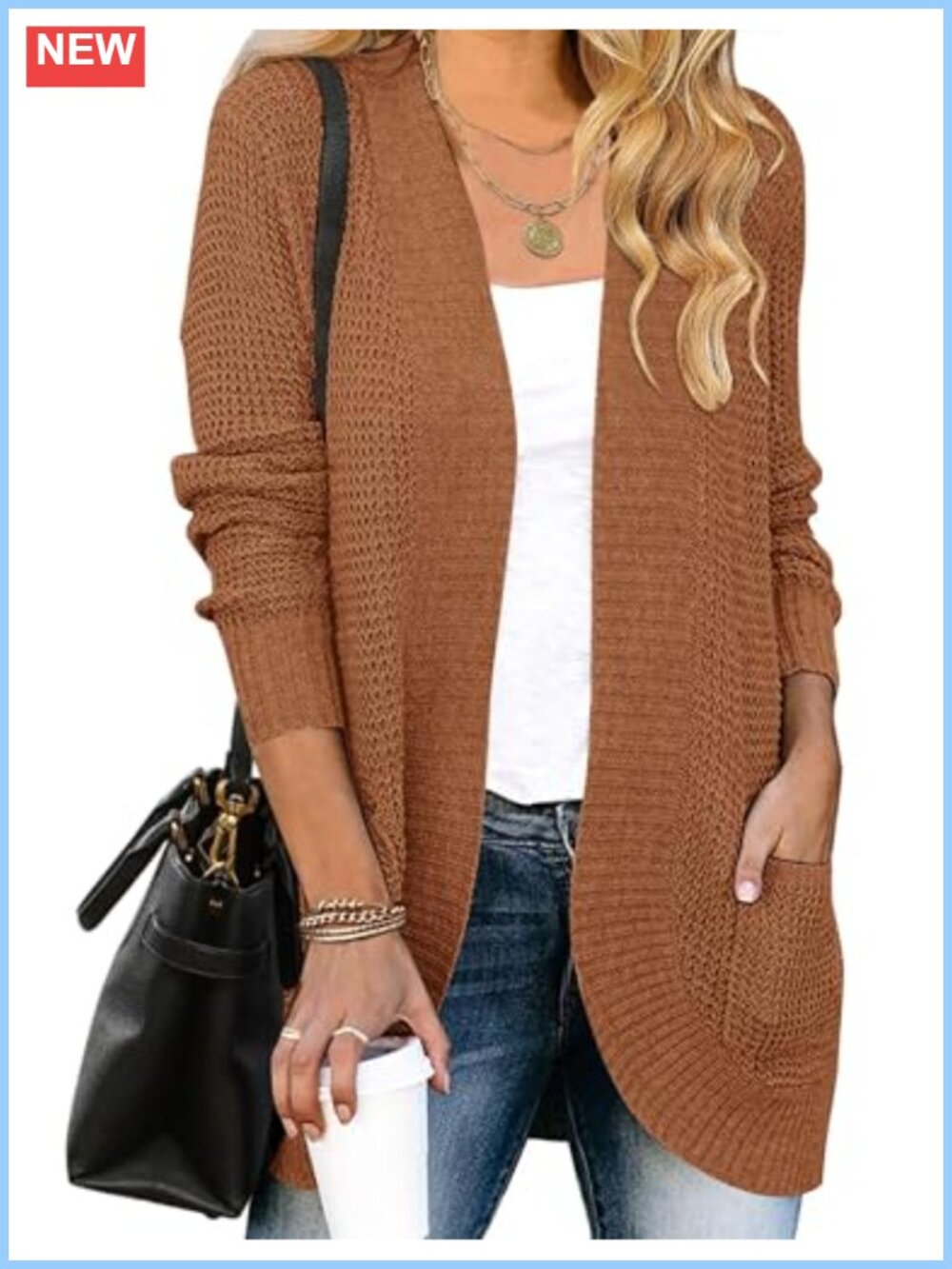 Open Front Cardigan Loose Fit Long Sleeve Ribbed Trim Knit Sweater